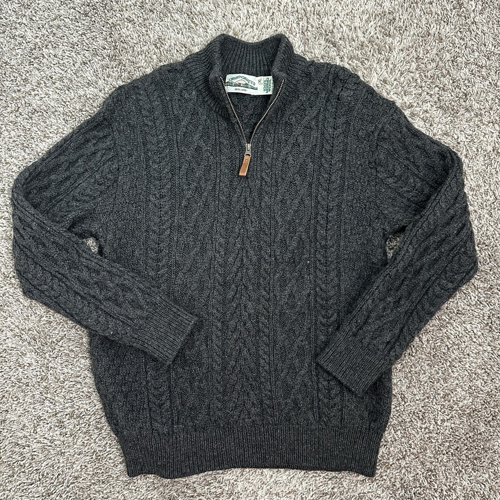 Aran Crafts Ireland Merino cable knit 100% Mens Wool 1/4 Zip Sweater Gray Size S